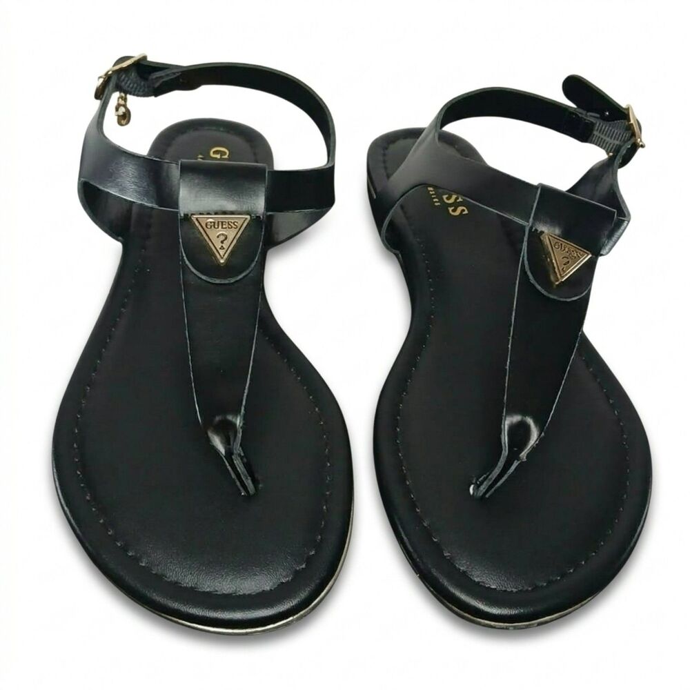 Guess Black Gold Triangle Logo T Strap Thong Flat Sandals Ankle Strap Charm 6M